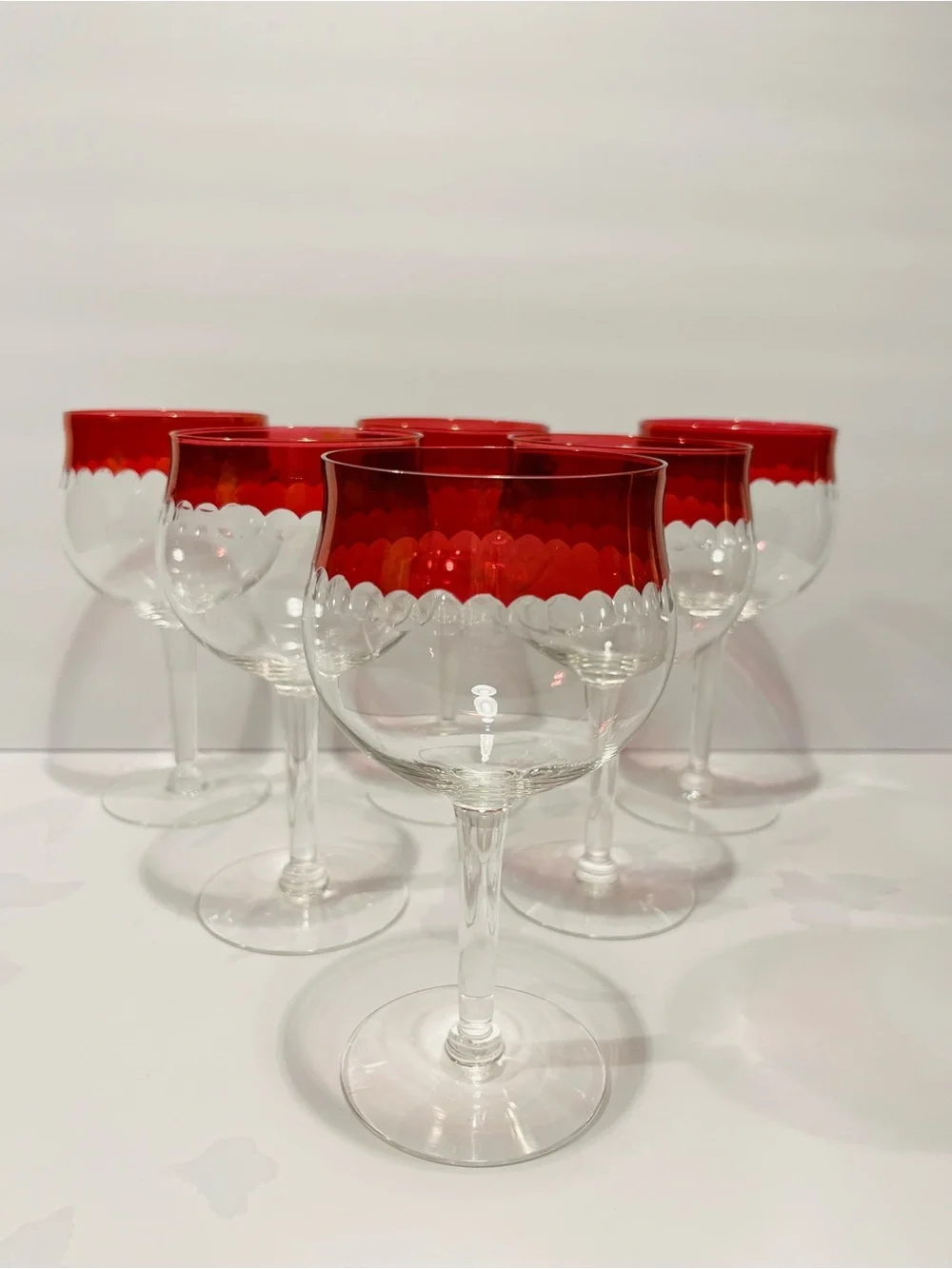 Vintage 1950’s Czech Crystal Cranberry Cut Dots Wine Glasses Set of 6